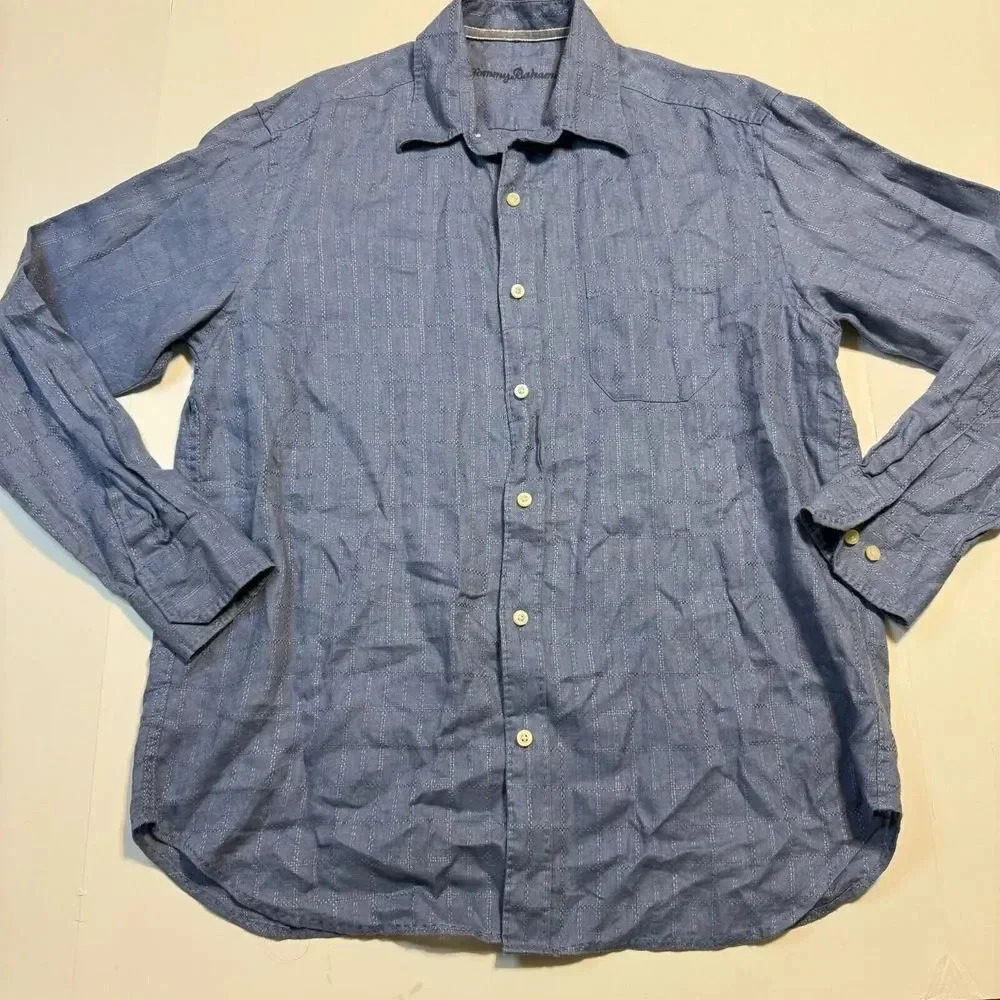 Tommy Bahama Men's Blue 100% Linen Button Down Shirt Casual Beach Vacation Sz M
